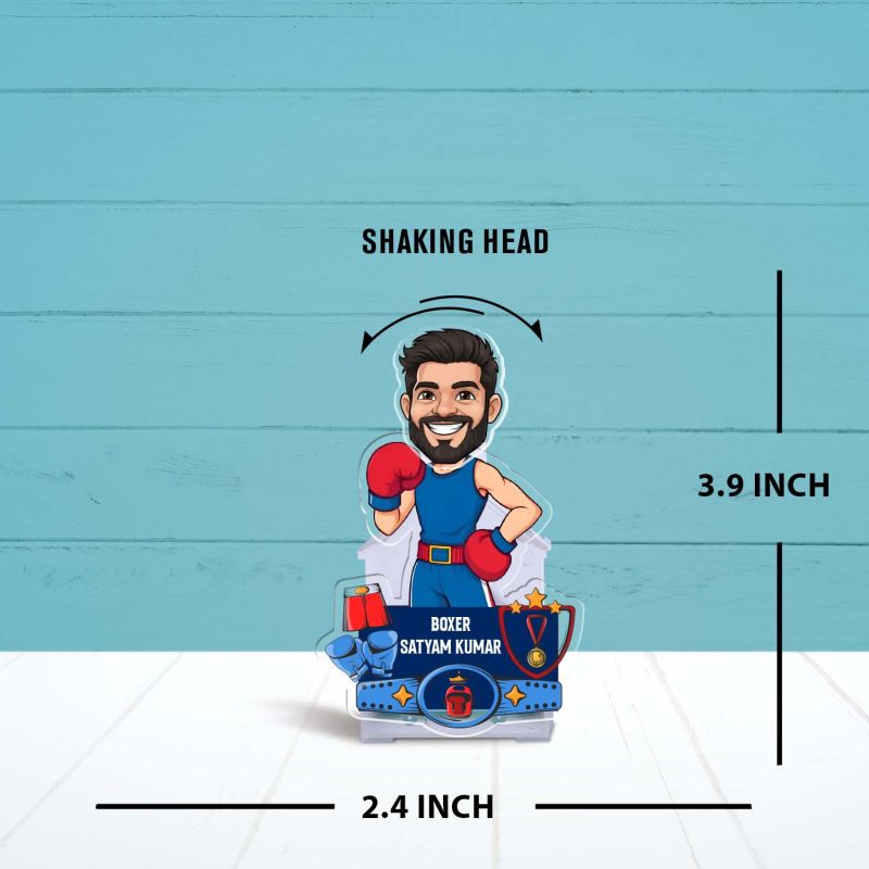 Personalized Boxer Caricature Desk Standee with Shaking Head Customized Fitness Gift for Gym Lovers, Friends, Boyfriend, Brother, Trainer Tabletop Decor Battery Powered Moving Head